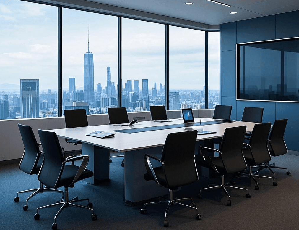 This is an image of a modern business conference room. In the spacious room, a long rectangular white conference table takes center stage, with an open laptop and some documents placed on it. Surrounding the table are multiple black office chairs with wheels for easy movement. On one side of the room, there is a large floor-to-ceiling window, through which a bustling city skyline with numerous high-rise buildings can be seen, presenting a sense of urban prosperity and modernity. The walls of the conference room are painted in a deep blue color, creating a calm and professional atmosphere. A large screen is also mounted on the wall, likely used for presenting meeting content or videos. The entire scene is tidy, bright, and full of a business vibe, making it suitable for important business meetings and discussions.