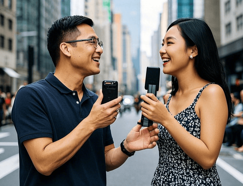 Two people, a man and a woman, are standing on a bustling city street. The man, wearing a dark blue polo shirt and glasses, holds a smartphone in his right hand. The woman, dressed in a sleeveless floral dress and wearing earrings, holds a phone with a selfie stick in her left hand. They are both smiling and seem to be engaged in a conversation or perhaps preparing to take a photo or video. The background features tall buildings and a busy urban environment with blurred pedestrians and vehicles, suggesting a lively city atmosphere.