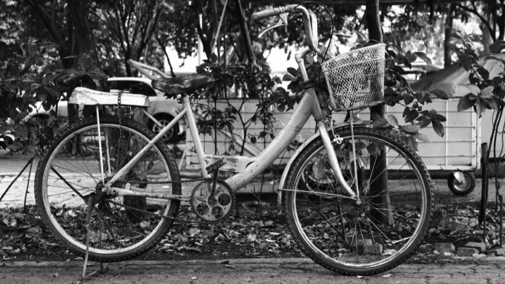 Ein alter Fahrrad, mit einem rostigen Gitterkorb an der Front und einer Holzplatte auf der Hinterachse, steht an einem Baum. Der Fahrrad ist in Schwarz - Weiß gehalten und erscheint etwas abgenutzt. Ebenso wie man sich Mühe gibt, ein zuverlässiges und stabiles Mittel wie diesen Fahrrad zu pflegen, muss man auch Strategien entwickeln, um erfolgreich "Geld Verdienen mit Signal". Man muss auf die Qualität und Funktionsfähigkeit achten, genauso wie man auf die Wartung eines Fahrrads achtet.