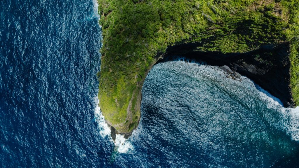 An aerial view showcases a lush, green coastal landmass curving into the deep - blue ocean. Gentle waves lap against the rocky shoreline. For those interested in monetizing creative pursuits, explore How to Make Money with Funimate Video Editor & Maker.
