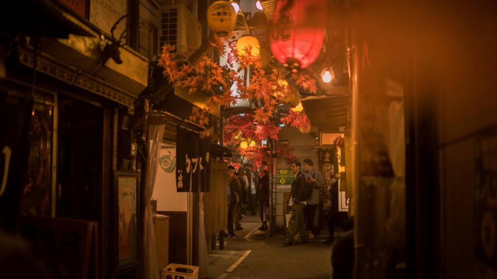 夜の路地で、赤い提灯や枝に紅葉した木が並び、人々がぶらぶら歩いています。この伝統的で魅力的な雰囲気の中で、思い起こされるのは「TikTokの前にDubsmashがあった！？口パク動画の元祖アプリ、その今は？」という疑問です 。