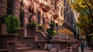 A charming street view of historic brownstone buildings adorned with lush greenery and autumn - hued trees. This image relates to the 2025 Charging Standards for Lasso Influencer Promotions in the U.S., capturing the aesthetic of a picturesque urban setting relevant to influencer marketing scenarios.