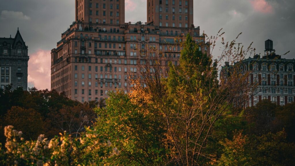 A captivating urban landscape at dusk, showcasing grand, multi - storied buildings with two prominent towers, partially obscured by a canopy of autumn - hued trees. The sky is painted with soft hues of pink and gray. This image relates to the 2025 Charging Standards for ShareChat Influencer Promotions in the U.S., highlighting a scenic backdrop relevant to influencer marketing in the American urban setting.