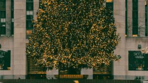 A large, beautifully decorated Christmas tree adorned with numerous twinkling lights stands in front of a grand building. The festive atmosphere is enhanced by the illuminated tree against the backdrop of the structure's facade. This image relates to the 2025 Charging Standards for Snapchat Influencer Promotions in the U.S., capturing a holiday - themed setting relevant to influencer marketing campaigns.