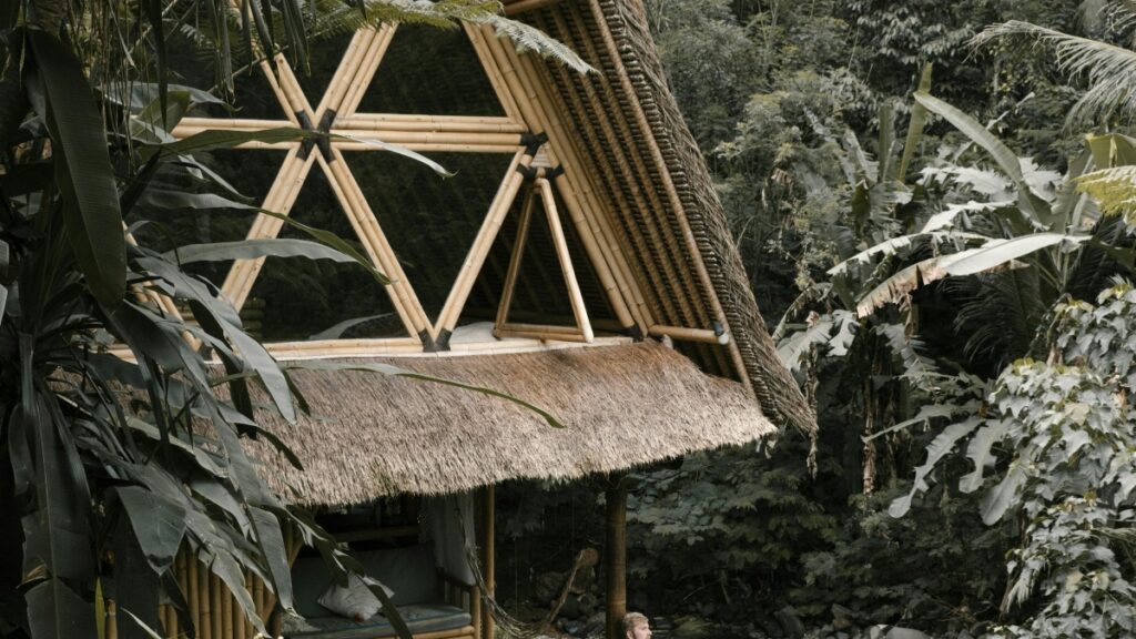 Gambar ini menampilkan sebuah bangunan sederhana dengan konstruksi bambu dan atap rumput, terlihat harmonis dengan lingkungan hutan yang lebat di sekitarnya. Bagi Anda yang ingin mengetahui cara menghasilkan uang di Twitter, kunjungi "Cara Menghasilkan Uang di Twitter Panduan Praktis untuk Warga Indonesia".