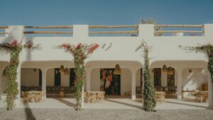 A beautifully designed outdoor space with a white - washed building featuring arched openings. Lush green vines with vibrant red flowers climb up the columns, adding a touch of nature. Inside, there are cozy seating areas with cushions and hanging woven lamps. Outside, wicker chairs and tables are arranged. Discover "How to Make Money on Telegram" and unlock new income opportunities.