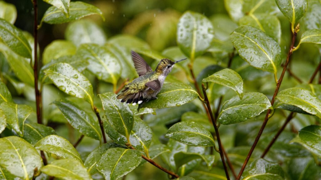 A hummingbird in mid - flight, hovering just above a rain - dotted green leaf. The surrounding foliage is lush and vibrant, with droplets glistening on the leaves, creating a fresh and lively scene. Discover more about How to Make Money on WhatsApp Real - World Tips and Tricks.