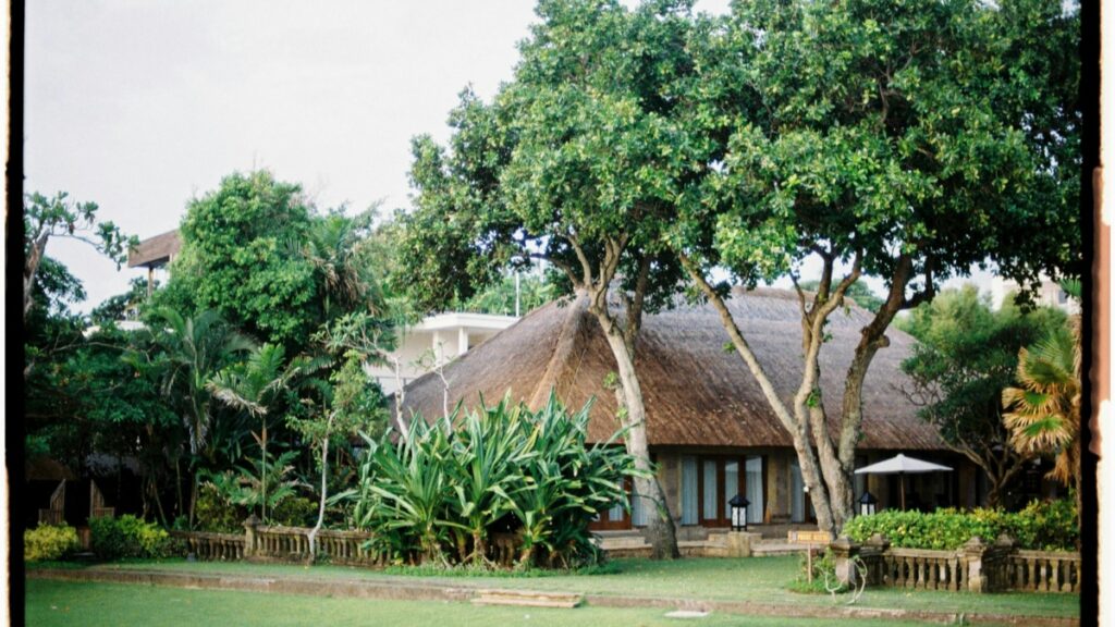 Desain rumah dengan atap jerami di tengah taman yang subur, dikelilingi pohon - pohon dan tanaman. Standar Biaya Kerja Sama Influencer di Signal 2025 di Indonesia memberikan gambaran tentang biaya kolaborasi di platform tersebut.